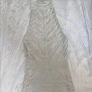 Bebe Mercury Silver Midi Halter Dress XS